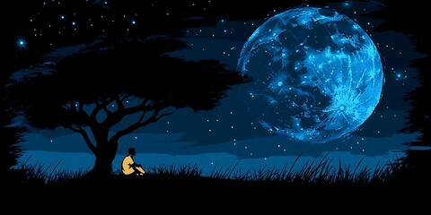 Solitary figure under a large, glowing blue moon and starry night sky.