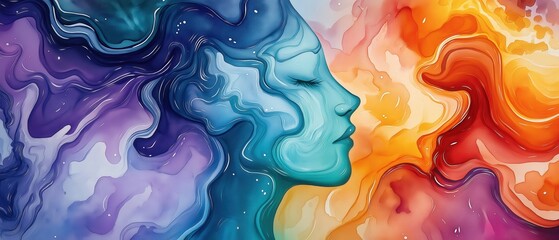 Abstract profile with swirling colors in vibrant blue and orange contrast