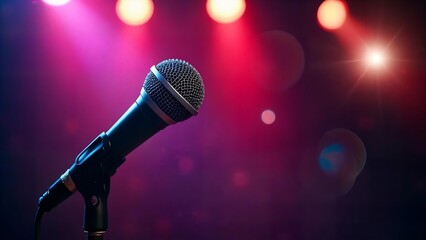 A single microphone awaits the spotlight, ready to capture a powerful voice and electrifying performance under dramatic stage lighting with a bokeh effect.