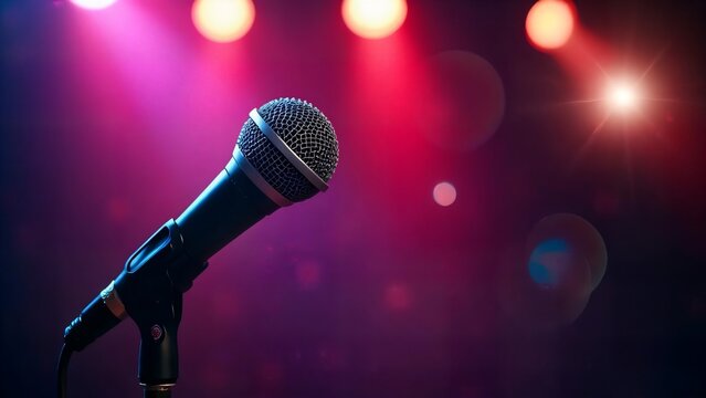 A single microphone awaits the spotlight, ready to capture a powerful voice and electrifying performance under dramatic stage lighting with a bokeh effect.