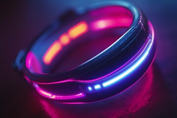 Close-up of a fitness band with a futuristic, neon-lit design, highlighting its advanced technology