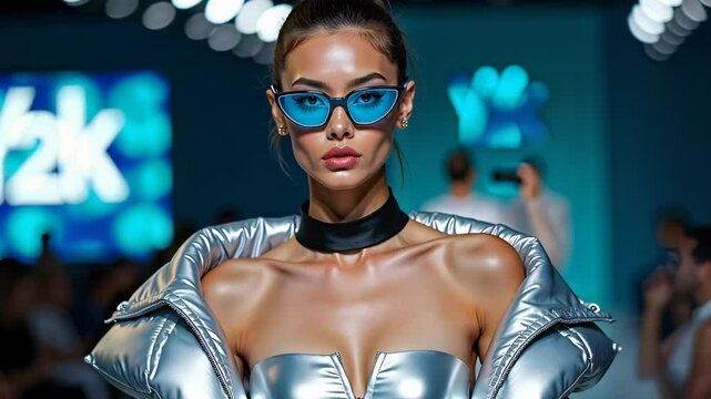 Y2K fashion show, futuristic runway, model in metallic outfit