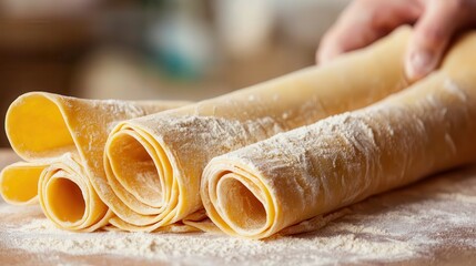 Pasta powder rolling process. Rolled pasta resting on a floured surface, ready for cooking.