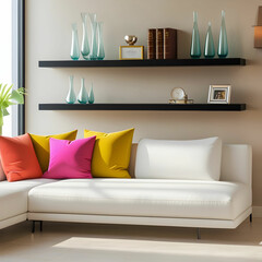 Vibrant Living Room with a Sleek White Sofa, Geometric Throw Pillows, and Modern Floating Shelf