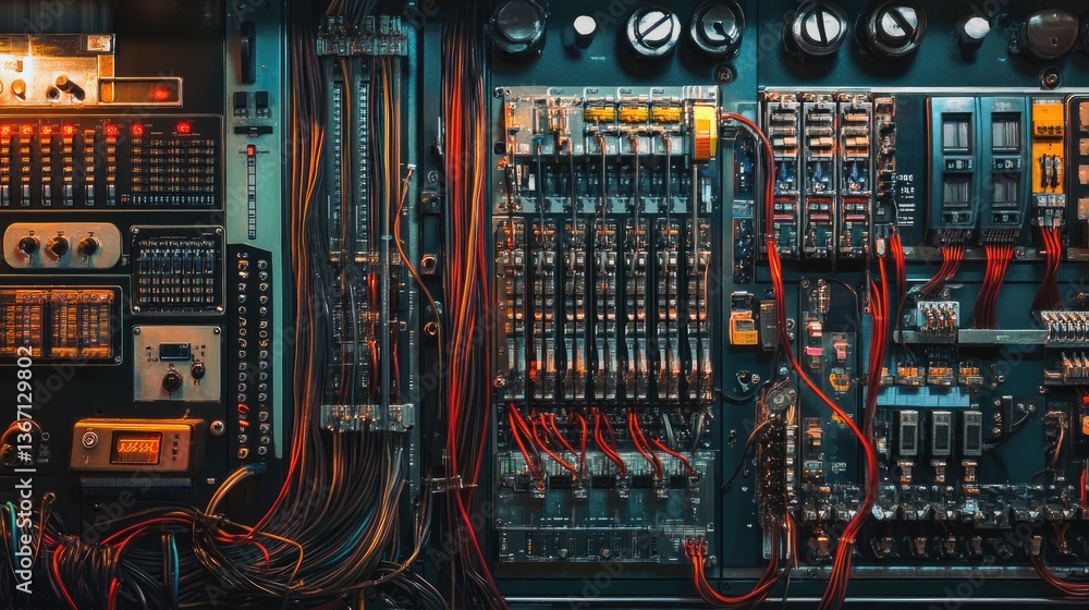 Fototapete A close-up of an intricate control panel with a neatly organized, color-coded wiring system and well-structured cable channels, ensuring efficient connectivity and smooth operations