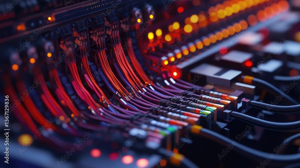 Aufkleber A close-up of an intricate control panel with a neatly organized, color-coded wiring system and well-structured cable channels, ensuring efficient connectivity and smooth operations