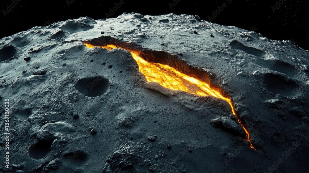 Poster A close-up of an asteroid rough, jagged surface, marked by deep fissures and glowing lava flowing through them, showcasing the dynamic geological activity of space