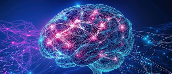 Digital illustration of a glowing neural network brain in blue and pink