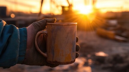 A construction worker's calloused hands hold a well-worn coffee mug, set against a construction site during the golden hour, symbolizing dedication and the hard work of the trade