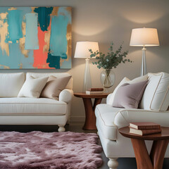 Modern Living Room with Plush White Sofas, Soft Textures, and a Warm, Inviting Ambiance