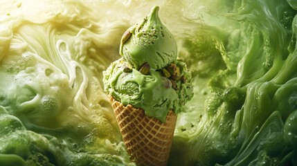 Obraz premium Pistachio ice cream cone, soft cream,japanese dessertai,3d,Realistic sweet ice cream summer dessert,for menu and banner,copy space,selective focus.