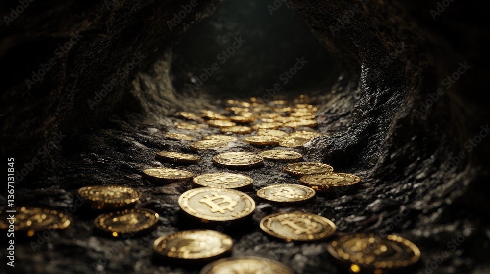 Poster a dark, mysterious cave filled with rows of golden bitcoin coins scattered on the ground, highlighti