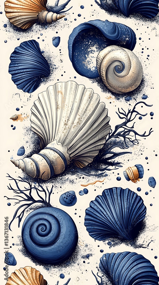 Poster Delicate Seashell Pattern with Stones and Seaweed on a Light Background