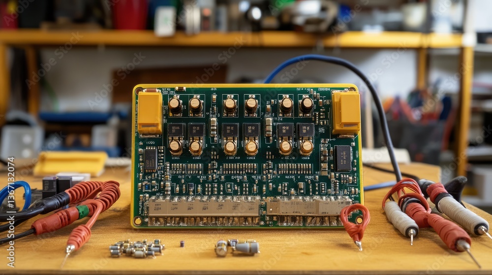 Poster A detailed shot of a DIY electronics circuit board with color-coded connectors on a workbench, highlighting the complexity of a hands-on electronics project