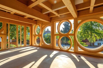 Modern wooden construction with circular windows. Interior view of a light-filled space. Exposed wooden beams and framework. Natural light through large circular windows