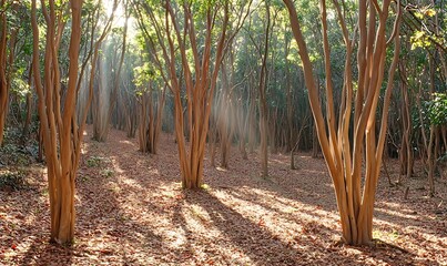 Sunlit Forest Canopy Displaying Reddish Tree Trunks with Shadows on Leaf Covered Ground Scene