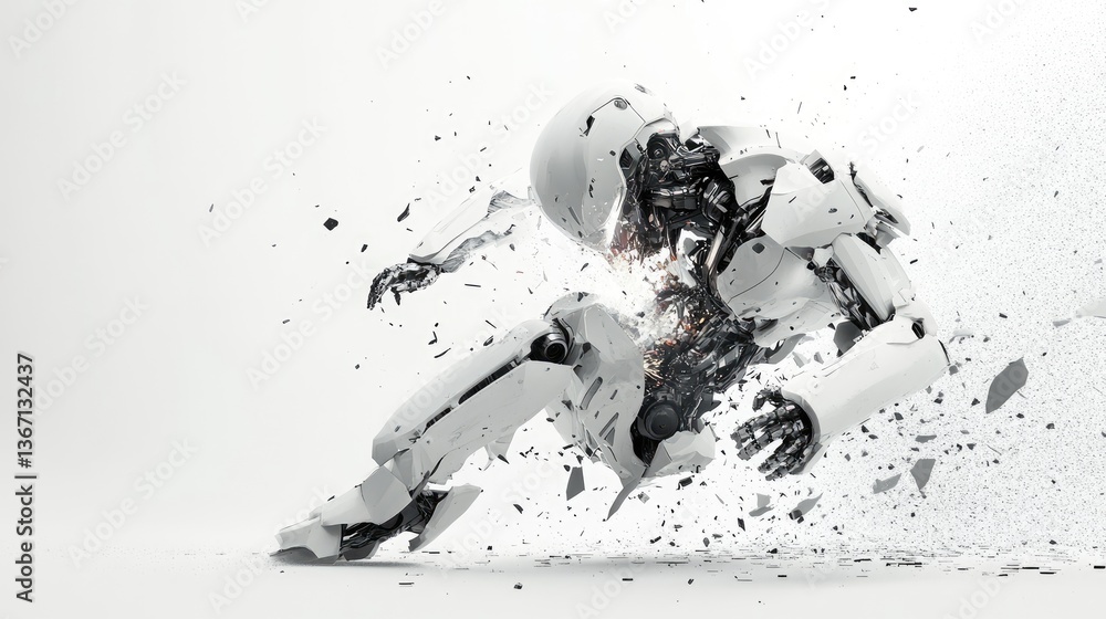 Aufkleber A digital rendering of a white and silver metallic robot exploding into pieces, surrounded by debris, set against a stark white background, highlighting futuristic destruction
