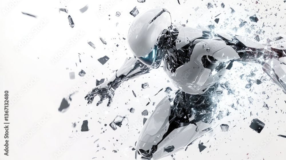 Poster a digital rendering of a white and silver metallic robot exploding into pieces, surrounded by debris