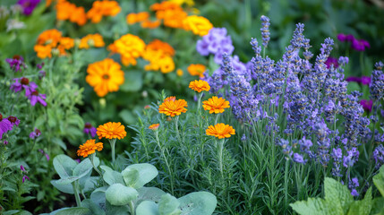  photo of a variety of colorful flowers like marigolds and lavender planted strategically in a vegetable garden to repel pests naturally.