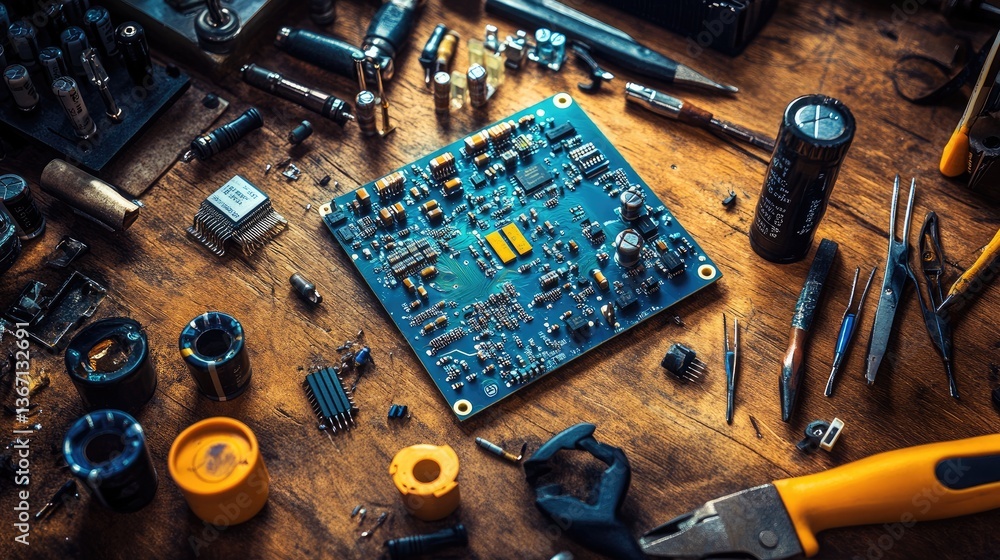 Poster A DIY electronics project in progress, showcasing color-coded connectors and a circuit board on a workshop table, surrounded by tools and parts for assembly