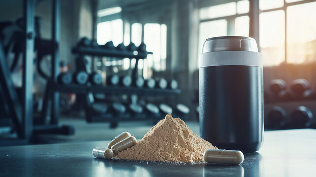  photo of a set of BCAA and EAA supplements in powder form, placed next to a shaker bottle in a gym environment.