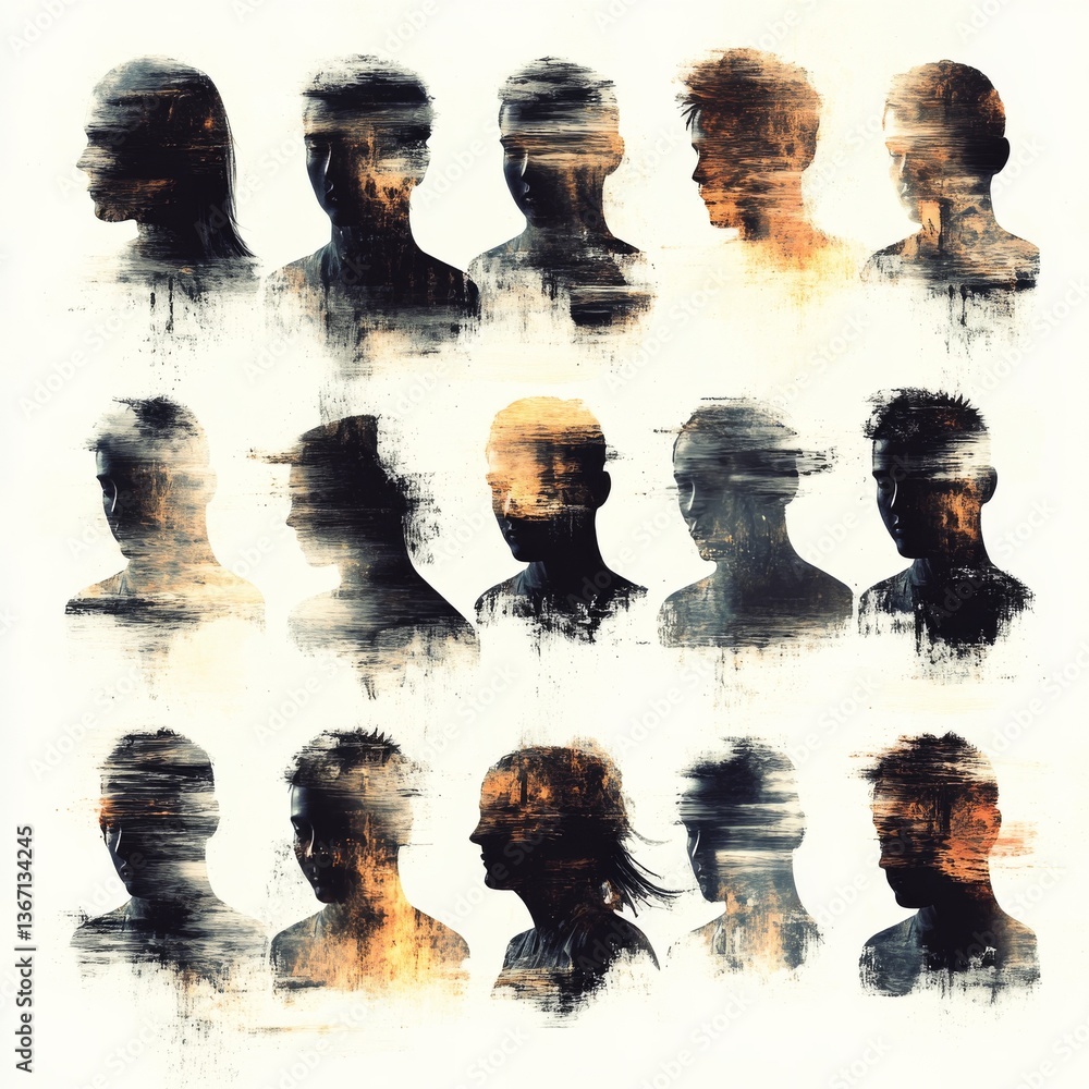 Poster a crowd of ghosts: evocative silhouettes merge in a tapestry of memory and form, a reflection on ide