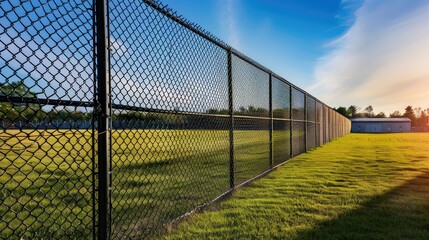 Fototapeta premium Serene Sunset Over Green Field with Chain Link Fence
