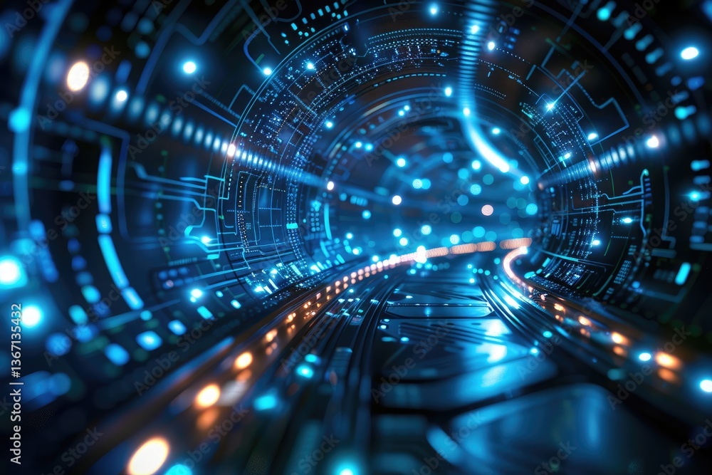 Poster a futuristic tunnel with glowing circuitry and lights displayed