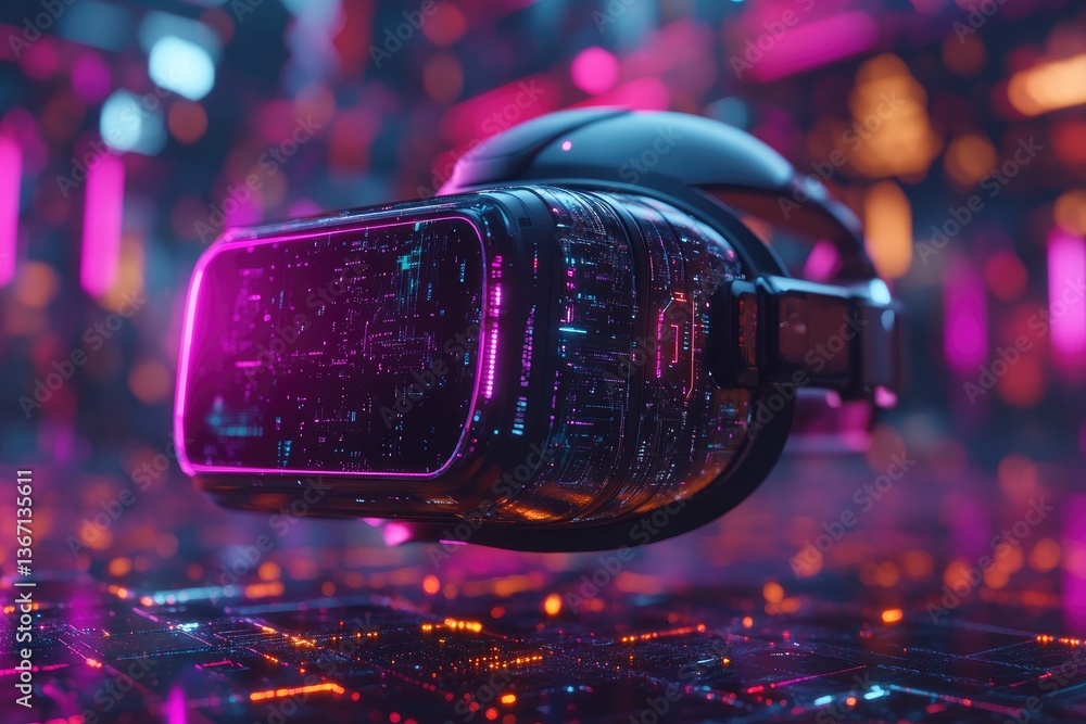 Poster a futuristic virtual reality headset floating in an illuminated space
