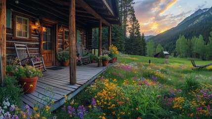 Obraz premium Rustic log cabin porch with rocking chairs and wildflowers at mountain sunset