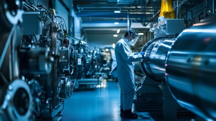 A scientist conducting research with a particle accelerator, research lab background with large machines and scientific instruments, Physics-tech style
