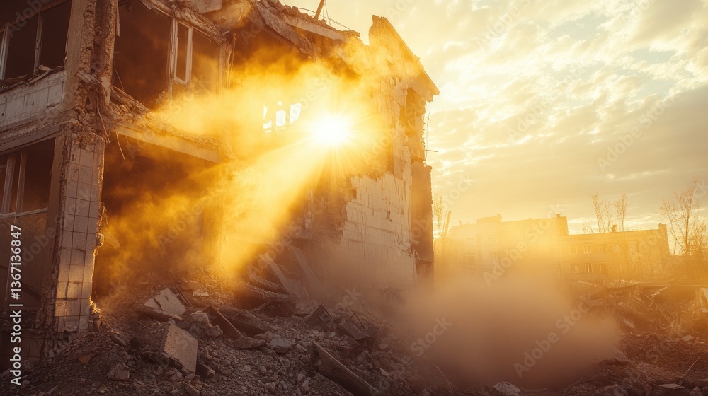 Poster a partially destroyed building with crumbling walls and rising dust, illuminated by golden sunlight,