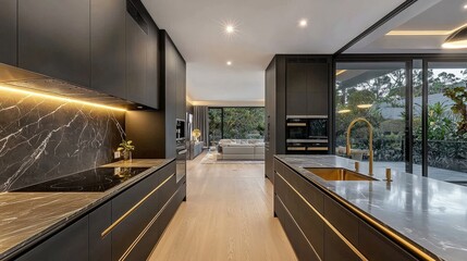 Modern kitchen with black cabinetry, marble countertops, and open living area view