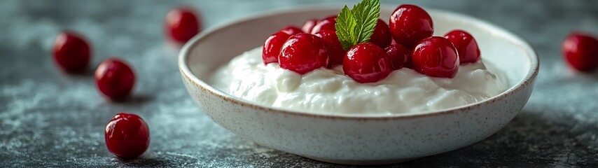Creamy yogurt topped with fresh cherries and mint.