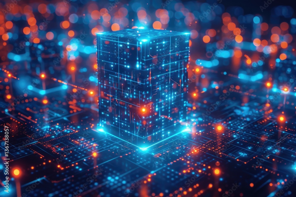 Poster a glowing abstract cube displaying advanced digital data connections