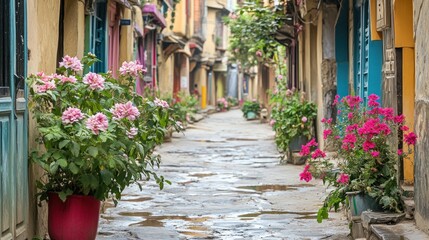 A narrow cobblestone alley adorned with vibrant potted flowers blooming