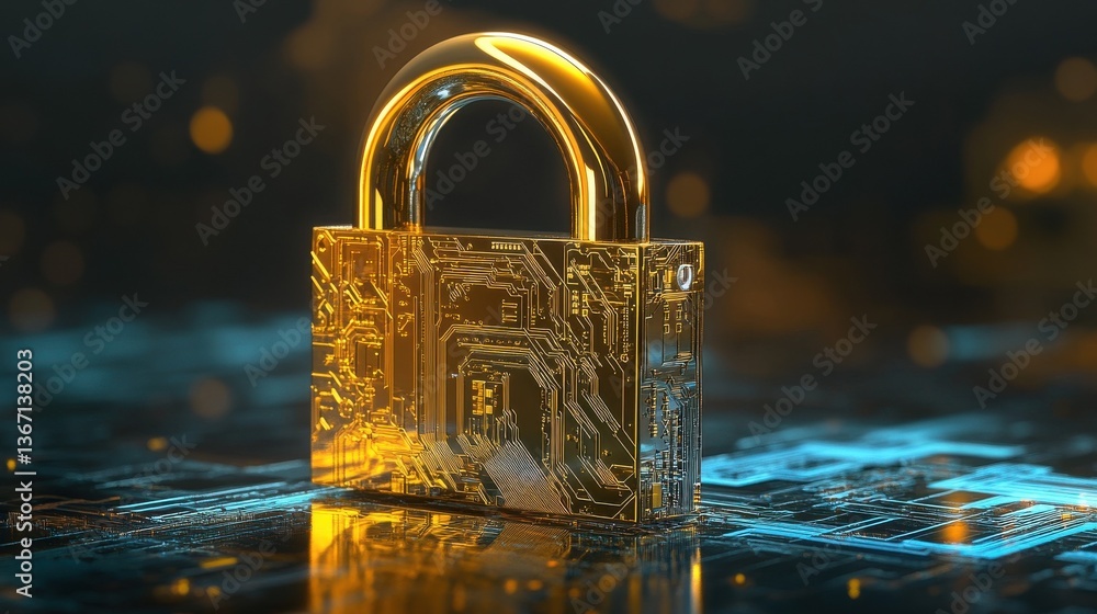 Poster futuristic golden padlock with electronic circuits close-up on reflective surface with copy space il