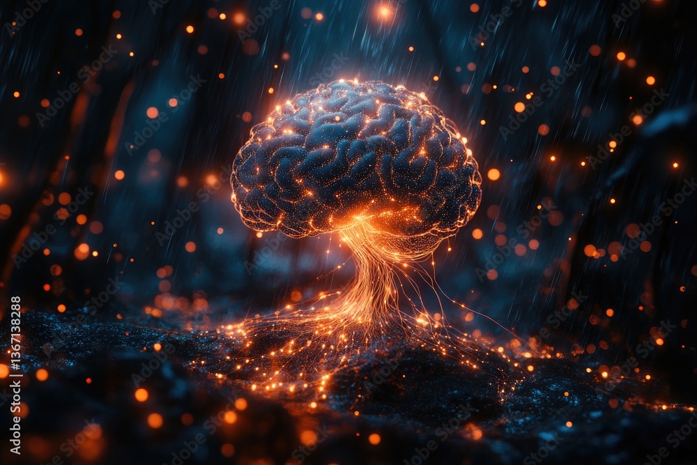 Poster a glowing brain connected to luminescent lines and particles