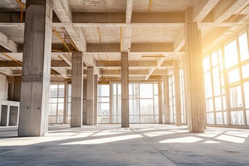 Obraz premium Empty construction site, sunlight streams through large windows