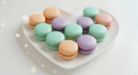 Obraz premium Colorful Macarons Arranged In Heart Shape On White Plate