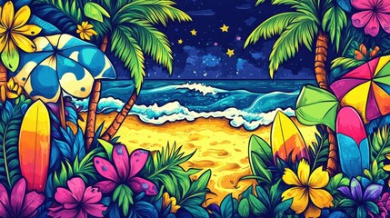 A tropical-themed doodle pattern of beach umbrellas, surfboards, palm trees, and exotic flowers, with a bright sandy beach and ocean waves in the background, vibrant and lively colors, hd quality, il