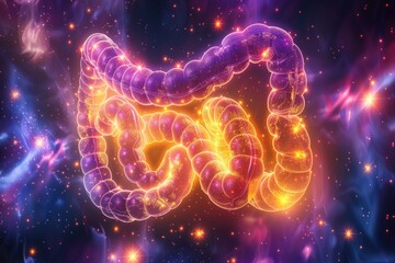 A glowing digital visualization of a human large intestine