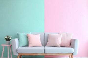 Beautifully painted walls in pastel colors of light blue, pink, and beige.