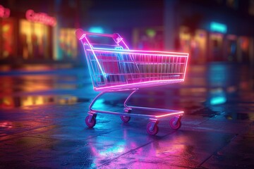 A glowing neon shopping cart outside a blurry storefront