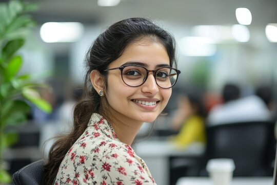 Cheerful and successful indian woman programmer at work inside modern office, tech support worker with laptop typing on keyboard smiling