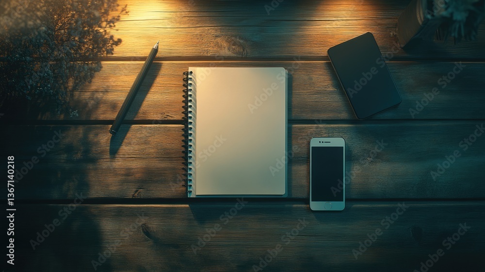 Poster a top-down view of a mock-up design, featuring a blank notebook, pen, and mobile phone, arranged on 