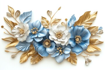 3D Floral Arrangement, Gold and Blue, Decorative, White Background