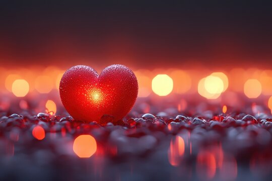 A glowing red heart sits amongst scattered glass beads - Powered by Adobe