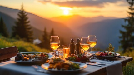 A traditional Austrian mountain lodge table set for a delicious meal, with local dishes and drinks, as the sun sets over a breathtaking landscape