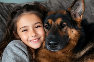 Child Hugging Dog, Sofa, Home